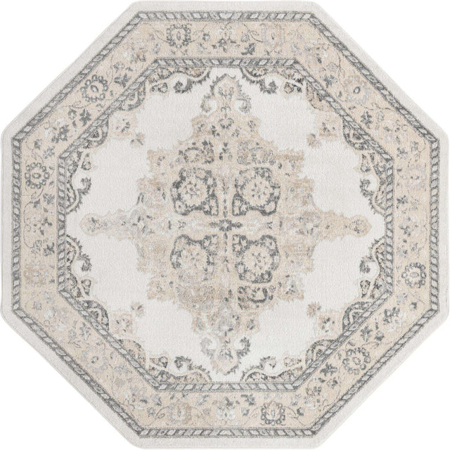 Ivory 7' 10 x 7' 10 Parker Octagon Area Rug Traditional Motif Classic Design Stain Resistant Carpet for Living, Dining, Bedrooms, Kitchen, Office for Sale at Rug Engine