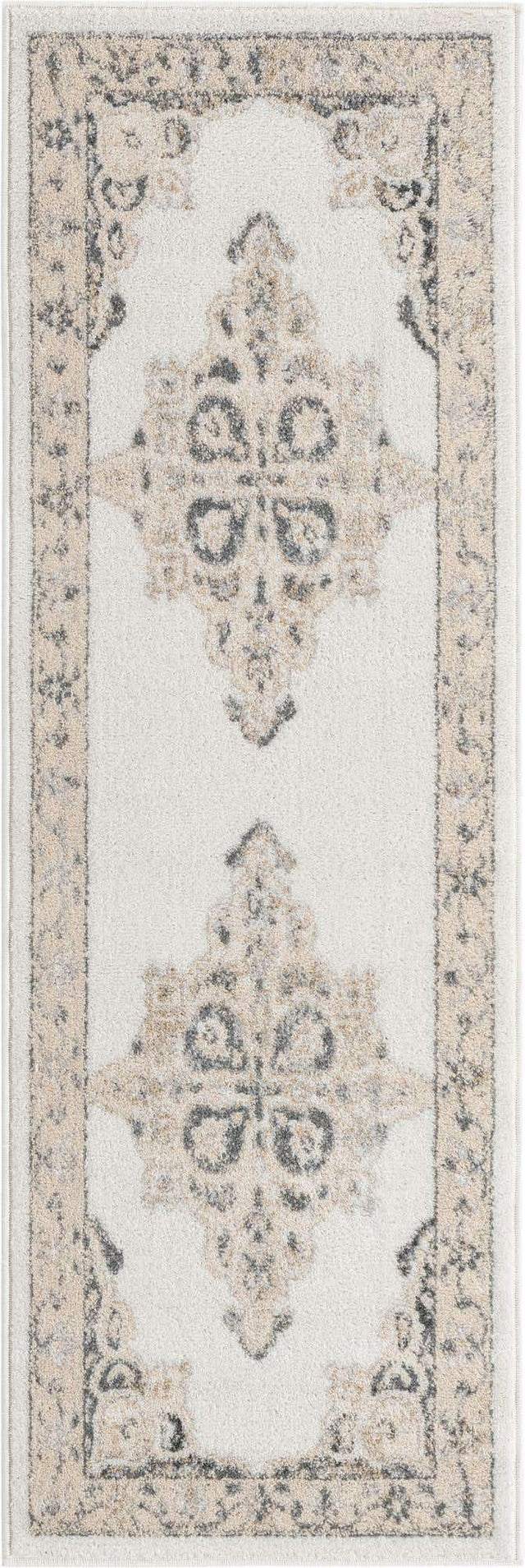 Ivory 2' x 6' Parker Runner Area Rug Traditional Motif Classic Design Stain Resistant Carpet for Living, Dining, Bedrooms, Kitchen, Office for Sale at Rug Engine