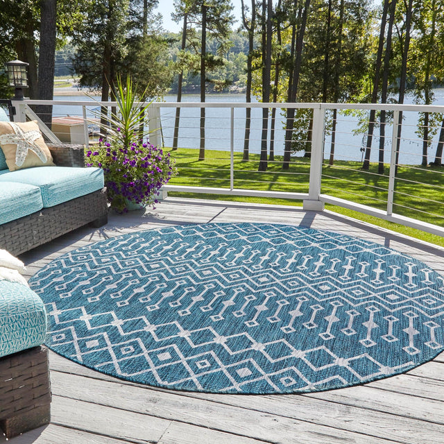 Teal 6' 1 x 6' 1 Outdoor Trellis Round Area Rug Weather Resistant for Patio, Deck, Terrace, Balcony, Porch Geometric Design Water Safe Outside Carpet for Sale at Rug Engine