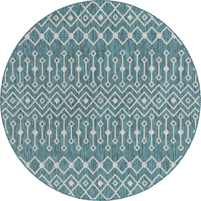 Teal 7' 10 x 7' 10 Outdoor Trellis Round Area Rug Weather Resistant for Patio, Deck, Terrace, Balcony, Porch Geometric Design Water Safe Outside Carpet for Sale at Rug Engine