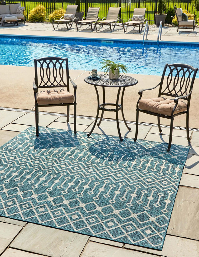 Teal 5' 3 x 5' 3 Outdoor Trellis Square Area Rug Weather Resistant for Patio, Deck, Terrace, Balcony, Porch Geometric Design Water Safe Outside Carpet for Sale at Rug Engine