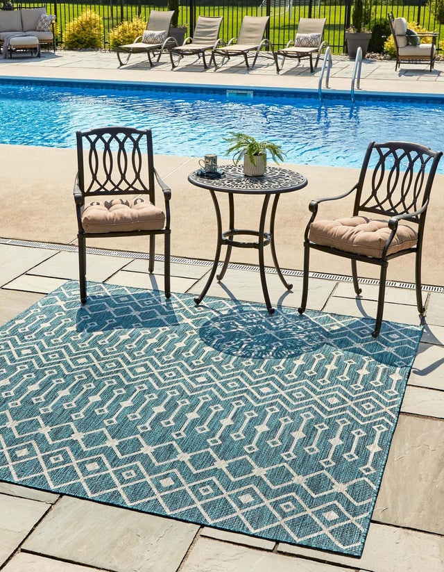 Teal 6' 1 x 6' 1 Outdoor Trellis Square Area Rug Weather Resistant for Patio, Deck, Terrace, Balcony, Porch Geometric Design Water Safe Outside Carpet for Sale at Rug Engine