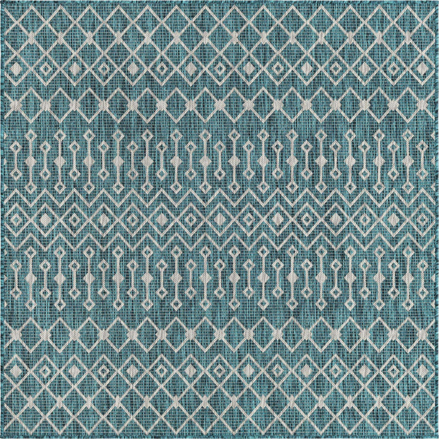 Teal 5' 3 x 5' 3 Outdoor Trellis Square Area Rug Weather Resistant for Patio, Deck, Terrace, Balcony, Porch Geometric Design Water Safe Outside Carpet for Sale at Rug Engine