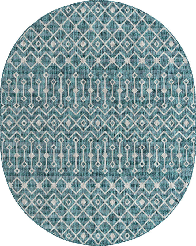 Teal 7' 10 x 10' Outdoor Trellis Oval Area Rug Weather Resistant for Patio, Deck, Terrace, Balcony, Porch Geometric Design Water Safe Outside Carpet for Sale at Rug Engine