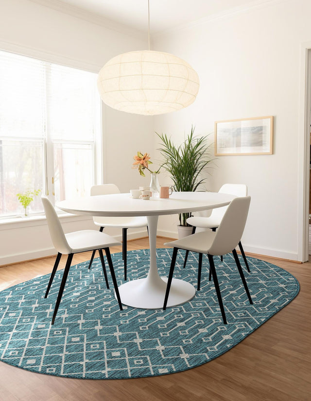 Teal 3' 1 x 5' 3 Outdoor Trellis Oval Area Rug Weather Resistant for Patio, Deck, Terrace, Balcony, Porch Geometric Design Water Safe Outside Carpet for Sale at Rug Engine