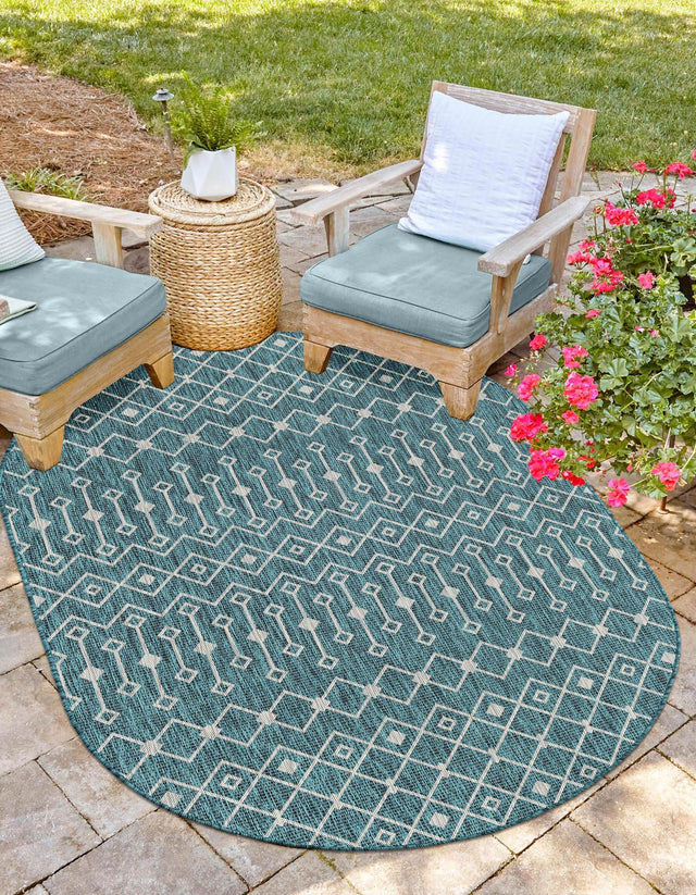 Teal 3' 1 x 5' 3 Outdoor Trellis Oval Area Rug Weather Resistant for Patio, Deck, Terrace, Balcony, Porch Geometric Design Water Safe Outside Carpet for Sale at Rug Engine