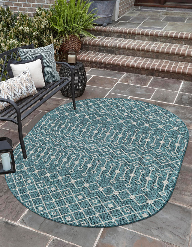 Teal 3' 1 x 5' 3 Outdoor Trellis Oval Area Rug Weather Resistant for Patio, Deck, Terrace, Balcony, Porch Geometric Design Water Safe Outside Carpet for Sale at Rug Engine