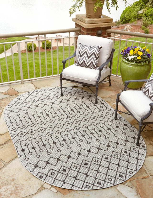 Gray 7' 10 x 10' Outdoor Trellis Oval Area Rug Weather Resistant for Patio, Deck, Terrace, Balcony, Porch Geometric Design Water Safe Outside Carpet for Sale at Rug Engine
