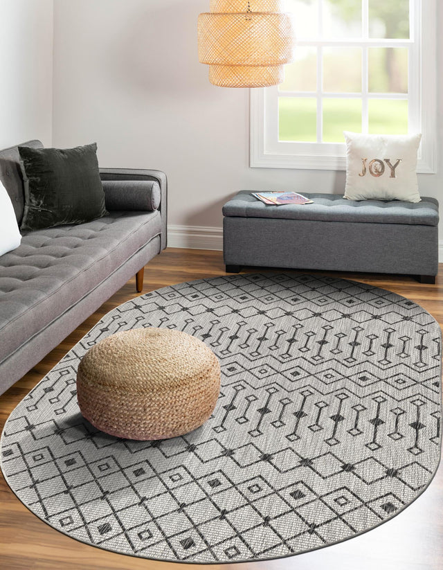 Gray 7' 10 x 10' Outdoor Trellis Oval Area Rug Weather Resistant for Patio, Deck, Terrace, Balcony, Porch Geometric Design Water Safe Outside Carpet for Sale at Rug Engine