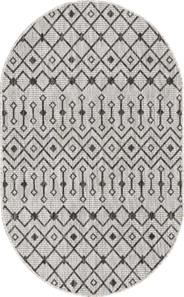 Gray 3' 1 x 5' 3 Outdoor Trellis Oval Area Rug Weather Resistant for Patio, Deck, Terrace, Balcony, Porch Geometric Design Water Safe Outside Carpet for Sale at Rug Engine