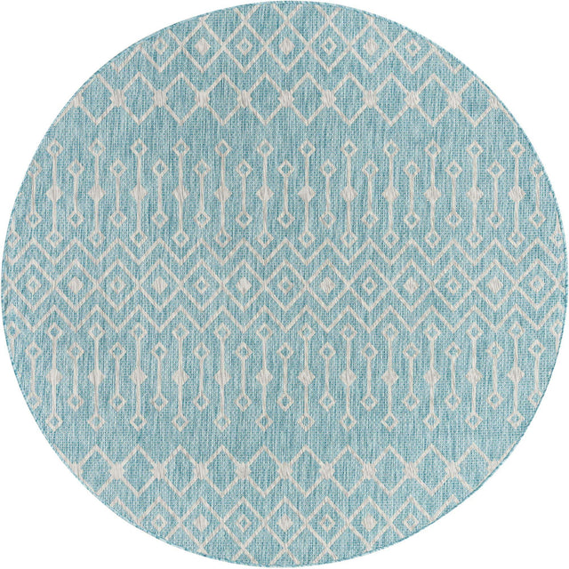 Aqua 7' 10 x 7' 10 Outdoor Trellis Round Area Rug Weather Resistant for Patio, Deck, Terrace, Balcony, Porch Geometric Design Water Safe Outside Carpet for Sale at Rug Engine