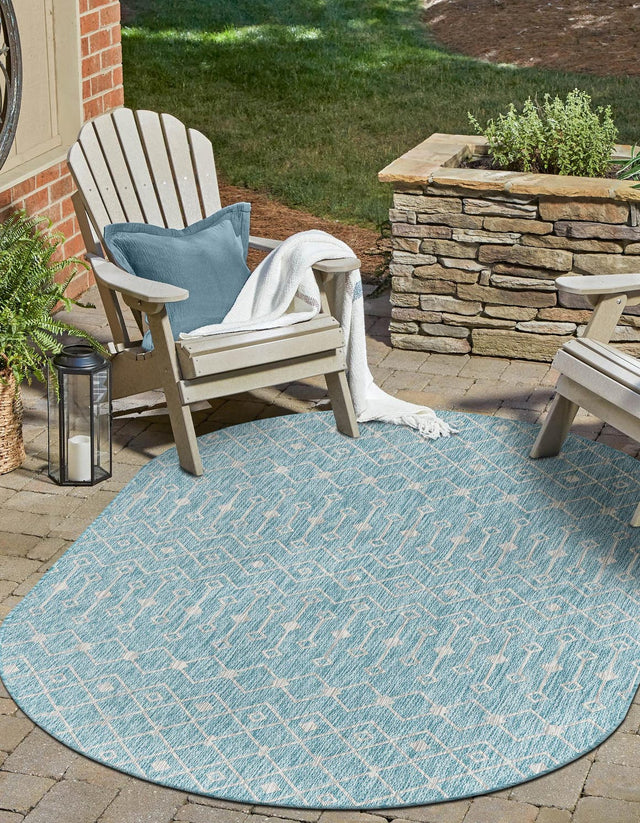 Aqua 7' 10 x 10' Outdoor Trellis Oval Area Rug Weather Resistant for Patio, Deck, Terrace, Balcony, Porch Geometric Design Water Safe Outside Carpet for Sale at Rug Engine