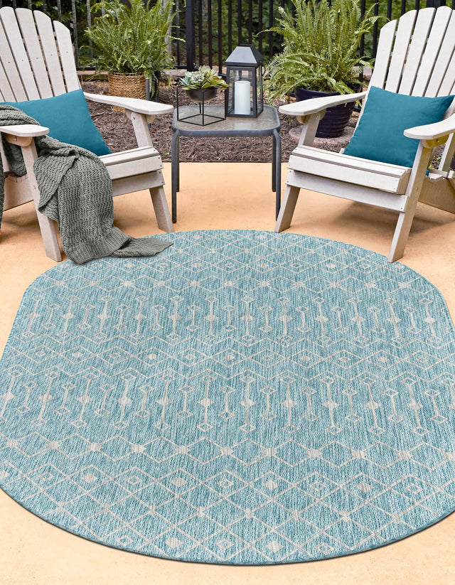 Aqua 7' 10 x 10' Outdoor Trellis Oval Area Rug Weather Resistant for Patio, Deck, Terrace, Balcony, Porch Geometric Design Water Safe Outside Carpet for Sale at Rug Engine