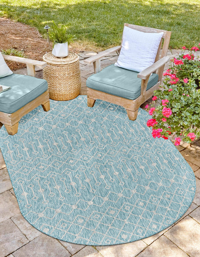 Aqua 7' 10 x 10' Outdoor Trellis Oval Area Rug Weather Resistant for Patio, Deck, Terrace, Balcony, Porch Geometric Design Water Safe Outside Carpet for Sale at Rug Engine