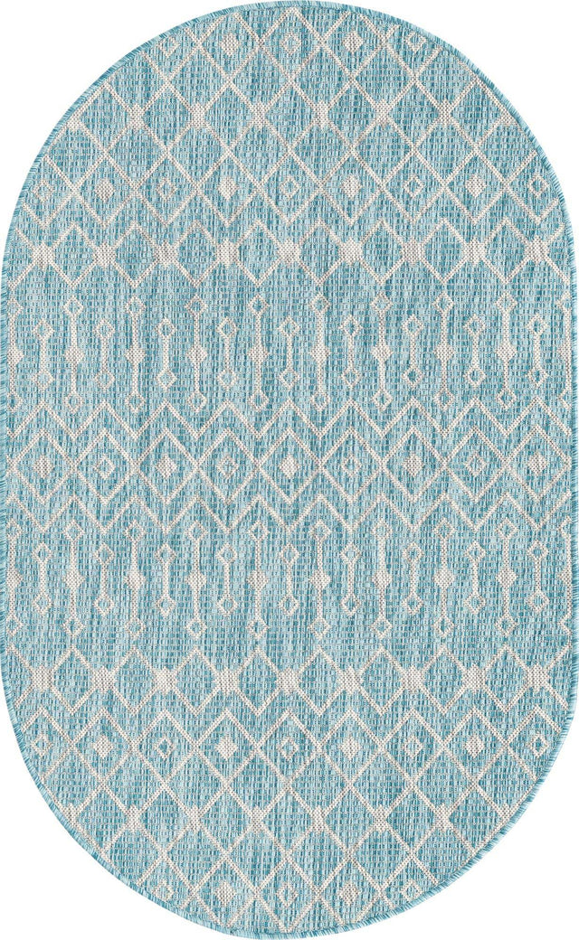 Aqua 3' 1 x 5' 3 Outdoor Trellis Oval Area Rug Weather Resistant for Patio, Deck, Terrace, Balcony, Porch Geometric Design Water Safe Outside Carpet for Sale at Rug Engine