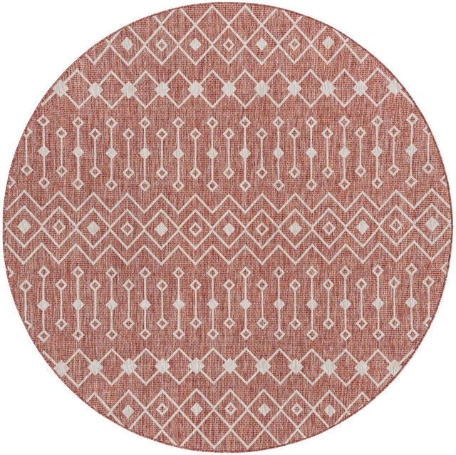 Rust Red 7' 10 x 7' 10 Outdoor Trellis Round Area Rug Weather Resistant for Patio, Deck, Terrace, Balcony, Porch Geometric Design Water Safe Outside Carpet for Sale at Rug Engine