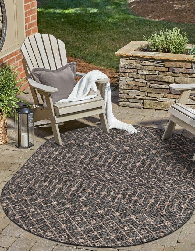 Charcoal Gray 5' 3 x 8' Outdoor Trellis Oval Area Rug Weather Resistant for Patio, Deck, Terrace, Balcony, Porch Geometric Design Water Safe Outside Carpet for Sale at Rug Engine