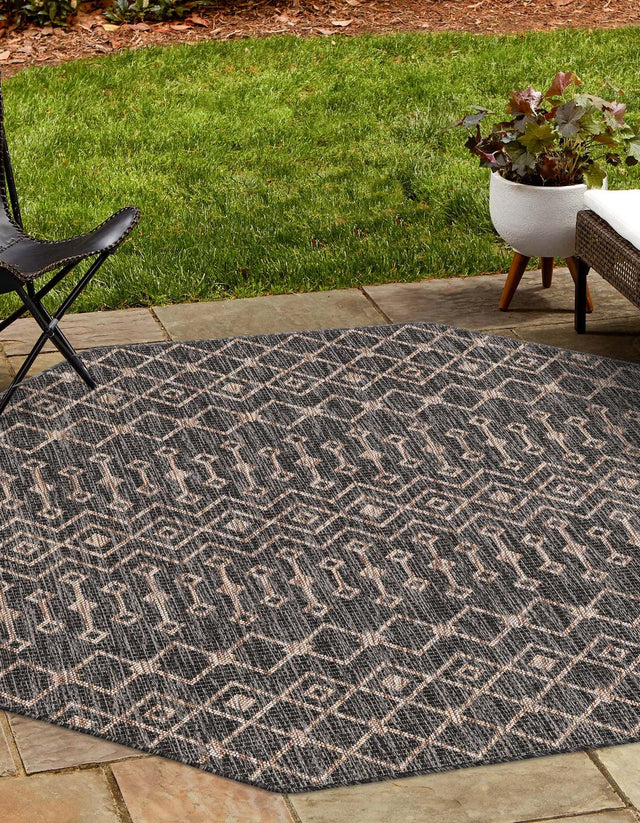Charcoal Gray 7' 10 x 7' 10 Outdoor Trellis Octagon Area Rug Weather Resistant for Patio, Deck, Terrace, Balcony, Porch Geometric Design Water Safe Outside Carpet for Sale at Rug Engine