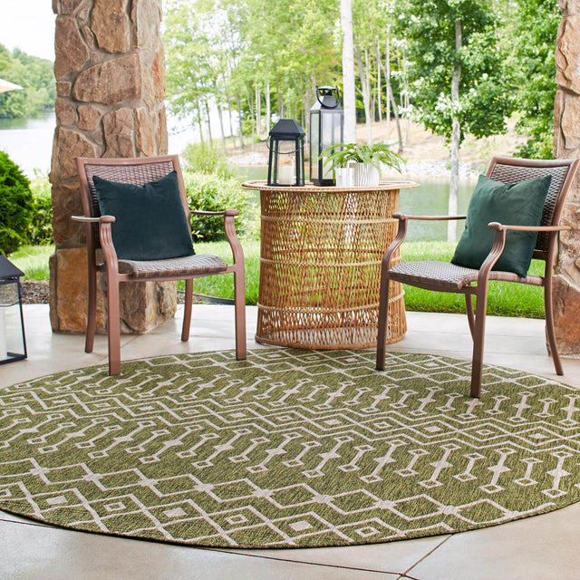 Green 13' 1 x 13' 1 Outdoor Trellis Round Area Rug Weather Resistant for Patio, Deck, Terrace, Balcony, Porch Geometric Design Water Safe Outside Carpet for Sale at Rug Engine
