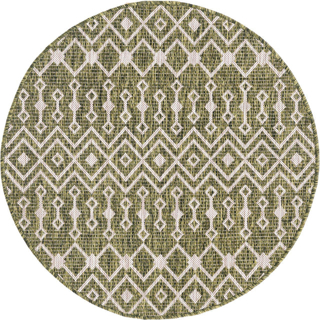 Green 3' 1 x 3' 1 Outdoor Trellis Round Area Rug Weather Resistant for Patio, Deck, Terrace, Balcony, Porch Geometric Design Water Safe Outside Carpet for Sale at Rug Engine