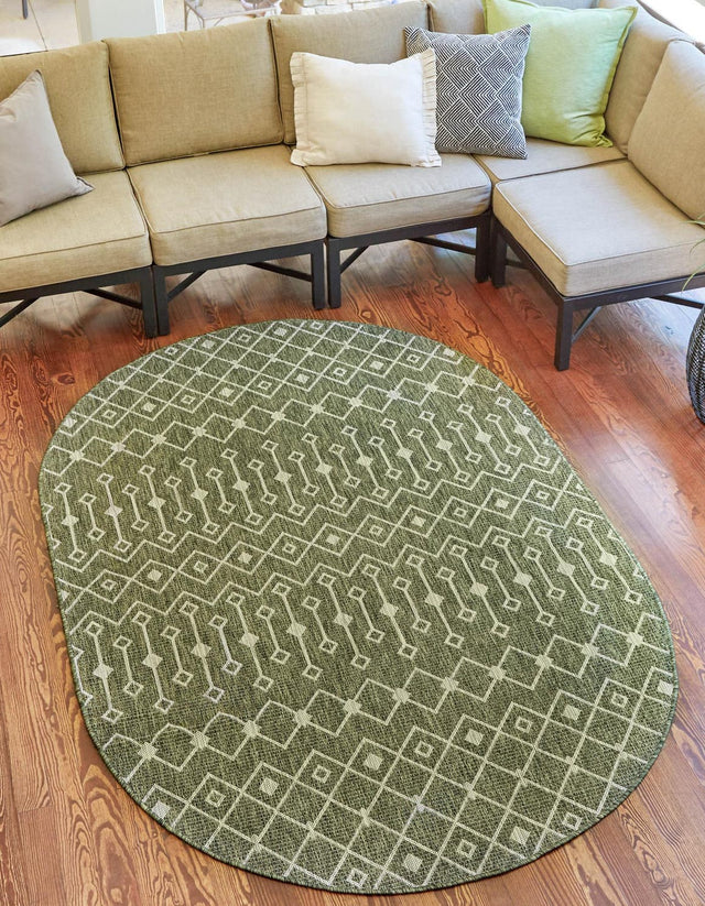 Green 3' 1 x 5' 3 Outdoor Trellis Oval Area Rug Weather Resistant for Patio, Deck, Terrace, Balcony, Porch Geometric Design Water Safe Outside Carpet for Sale at Rug Engine