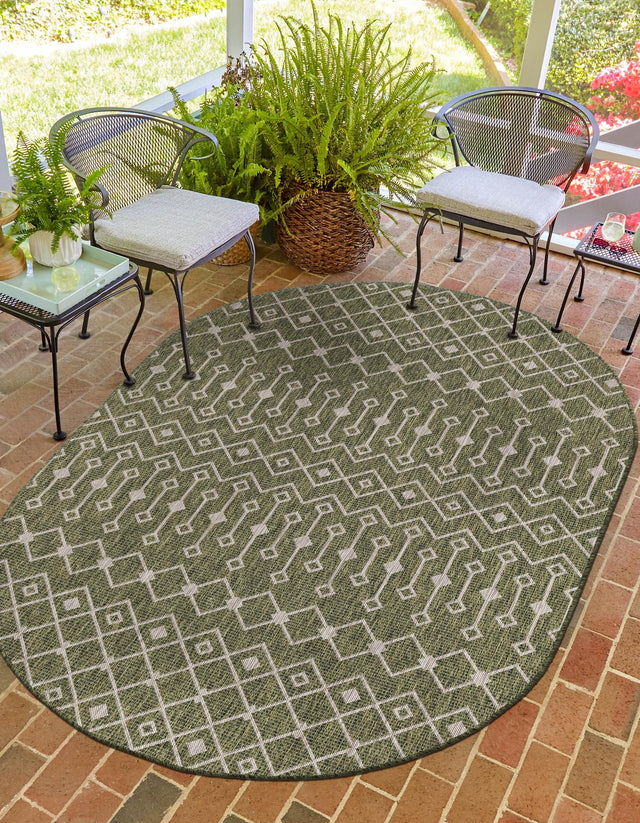 Green 3' 1 x 5' 3 Outdoor Trellis Oval Area Rug Weather Resistant for Patio, Deck, Terrace, Balcony, Porch Geometric Design Water Safe Outside Carpet for Sale at Rug Engine