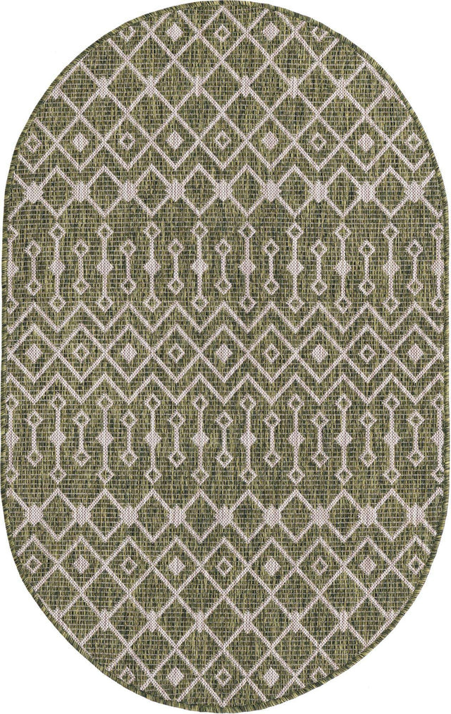 Green 3' 1 x 5' 3 Outdoor Trellis Oval Area Rug Weather Resistant for Patio, Deck, Terrace, Balcony, Porch Geometric Design Water Safe Outside Carpet for Sale at Rug Engine
