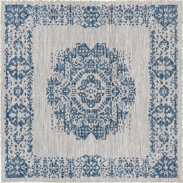 Blue 5' 3 x 5' 3 Outdoor Traditional Square Area Rug Weather Resistant for Patio, Deck, Terrace, Balcony, Porch Classical Design Outside Carpet for Sale at Rug Engine