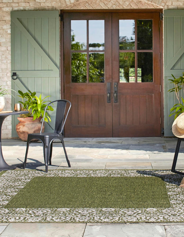 Green 13' 1 x 13' 1 Outdoor Border Square Area Rug Weather Resistant for Patio, Deck, Terrace, Balcony, Porch 100% Polypropylene Classic Bordered Carpet for Sale at Rug Engine
