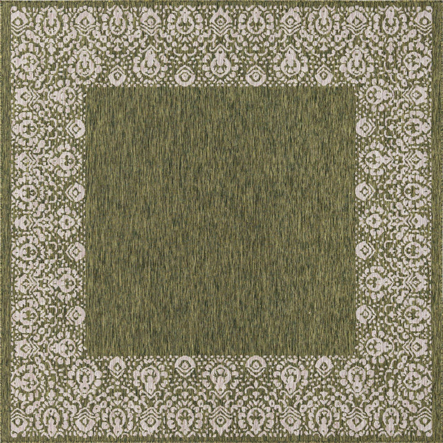 Green 7' 10 x 7' 10 Outdoor Border Square Area Rug Weather Resistant for Patio, Deck, Terrace, Balcony, Porch 100% Polypropylene Classic Bordered Carpet for Sale at Rug Engine