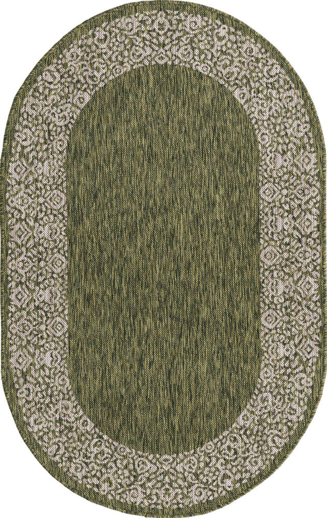 Green 3' 1 x 5' 3 Outdoor Border Oval Area Rug Weather Resistant for Patio, Deck, Terrace, Balcony, Porch 100% Polypropylene Classic Bordered Carpet for Sale at Rug Engine