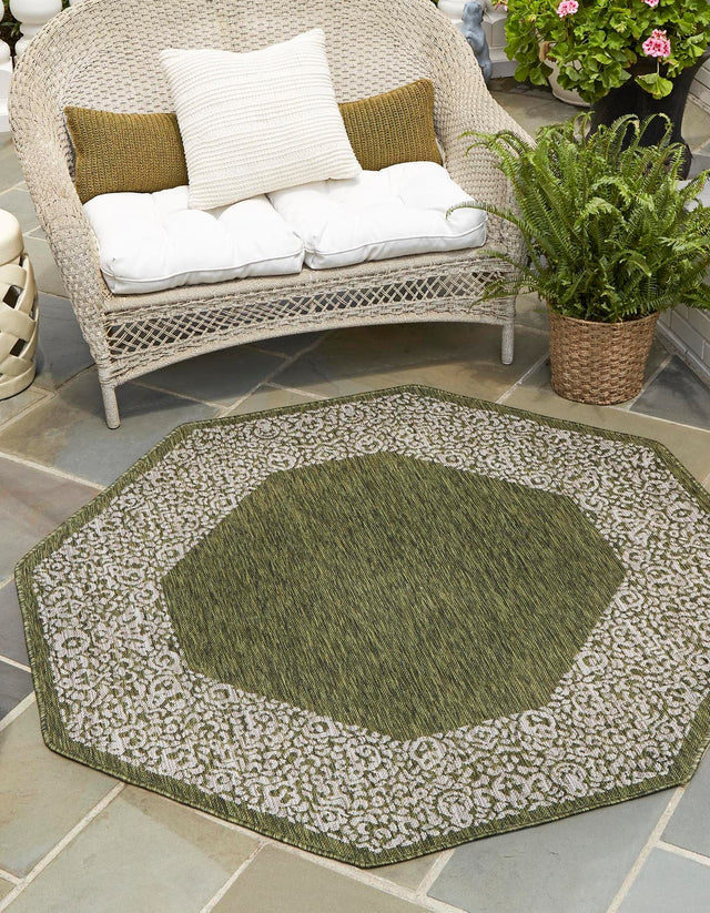 Green 5' 3 x 5' 3 Outdoor Border Octagon Area Rug Weather Resistant for Patio, Deck, Terrace, Balcony, Porch 100% Polypropylene Classic Bordered Carpet for Sale at Rug Engine