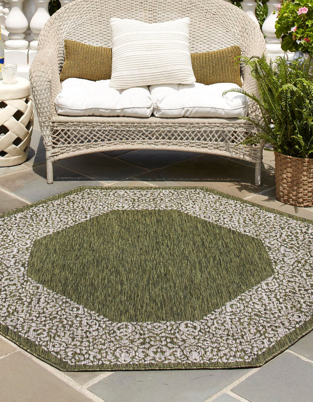 Green 5' 3 x 5' 3 Outdoor Border Octagon Area Rug Weather Resistant for Patio, Deck, Terrace, Balcony, Porch 100% Polypropylene Classic Bordered Carpet for Sale at Rug Engine