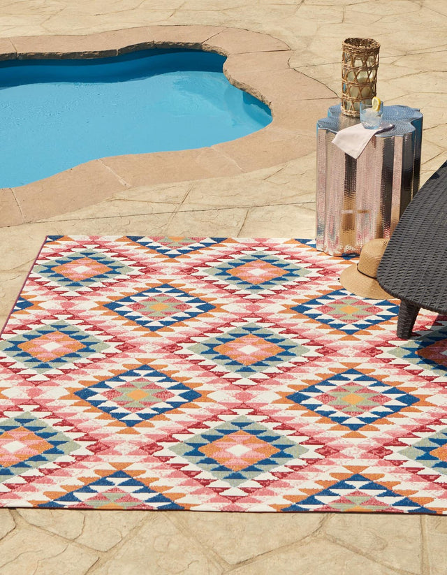Multicolor 6' x 6' Outdoor Southwestern Square Area Rug Weather Resistant for Patio, Deck, Terrace, Balcony, Porch 100% Polypropylene Rustic Waterproof Carpet for Sale at Rug Engine