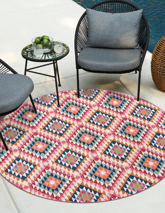 Multicolor 7' 10 x 7' 10 Outdoor Southwestern Round Area Rug Weather Resistant for Patio, Deck, Terrace, Balcony, Porch 100% Polypropylene Rustic Waterproof Carpet for Sale at Rug Engine