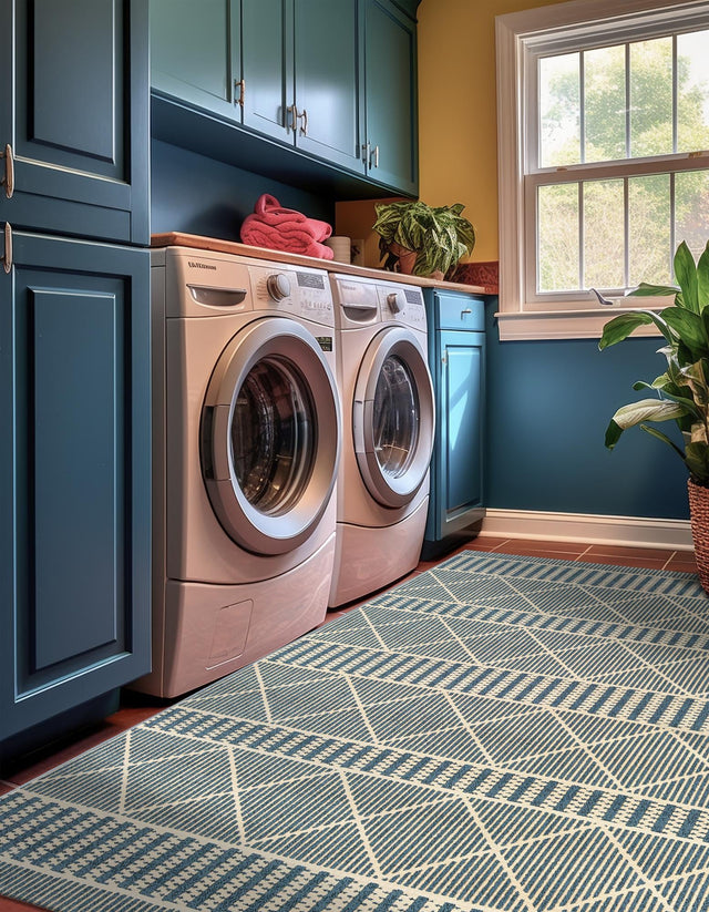 Blue 5' 3 x 8' Outdoor Trellis Rectangle Area Rug Weather Resistant for Patio, Deck, Terrace, Balcony, Porch Geometric Design Water Safe Outside Carpet for Sale at Rug Engine