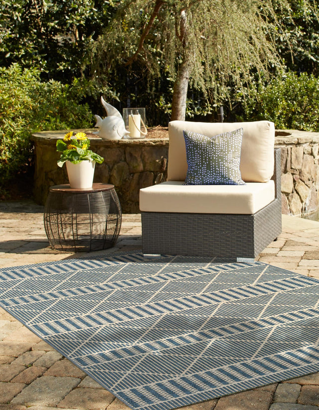 Blue 4' x 6' Outdoor Trellis Rectangle Area Rug Weather Resistant for Patio, Deck, Terrace, Balcony, Porch Geometric Design Water Safe Outside Carpet for Sale at Rug Engine