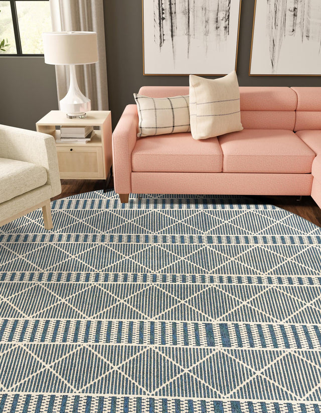 Blue 7' 10 x 7' 10 Outdoor Trellis Round Area Rug Weather Resistant for Patio, Deck, Terrace, Balcony, Porch Geometric Design Water Safe Outside Carpet for Sale at Rug Engine