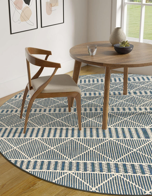 Blue 7' 10 x 7' 10 Outdoor Trellis Round Area Rug Weather Resistant for Patio, Deck, Terrace, Balcony, Porch Geometric Design Water Safe Outside Carpet for Sale at Rug Engine