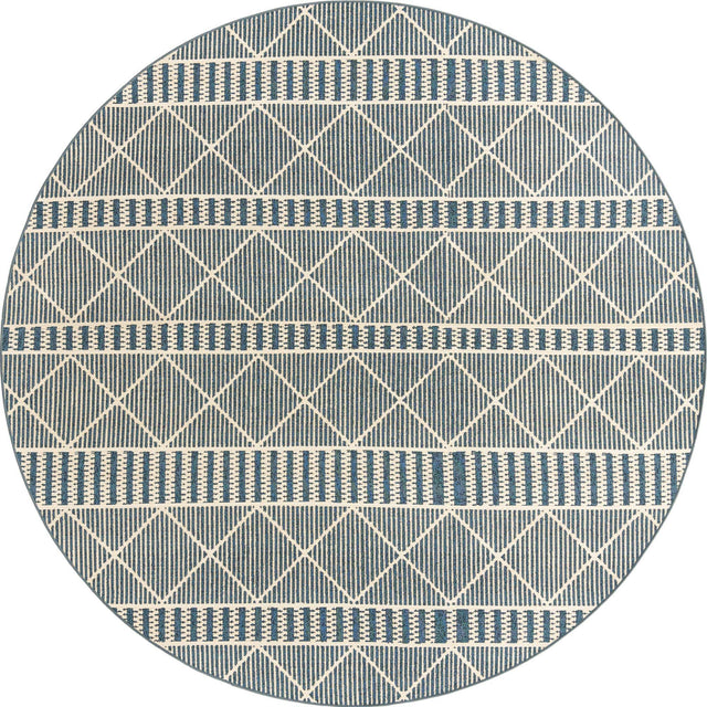Blue 7' 10 x 7' 10 Outdoor Trellis Round Area Rug Weather Resistant for Patio, Deck, Terrace, Balcony, Porch Geometric Design Water Safe Outside Carpet for Sale at Rug Engine