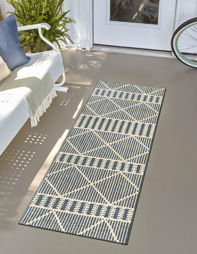 Blue 2' x 6' Outdoor Trellis Runner Area Rug Weather Resistant for Patio, Deck, Terrace, Balcony, Porch Geometric Design Water Safe Outside Carpet for Sale at Rug Engine