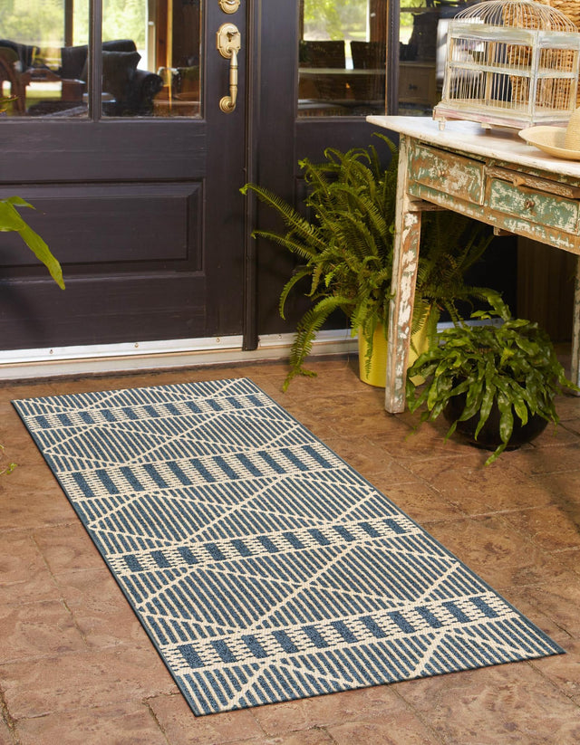Blue 2' 7 x 5' 3 Outdoor Trellis Runner Area Rug Weather Resistant for Patio, Deck, Terrace, Balcony, Porch Geometric Design Water Safe Outside Carpet for Sale at Rug Engine
