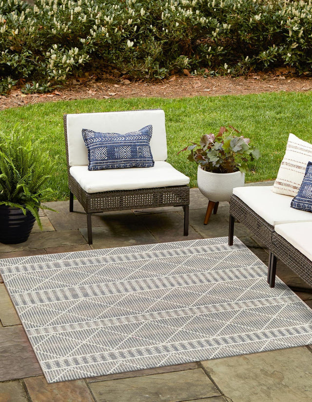 Gray 6' x 6' Outdoor Trellis Square Area Rug Weather Resistant for Patio, Deck, Terrace, Balcony, Porch Geometric Design Water Safe Outside Carpet for Sale at Rug Engine