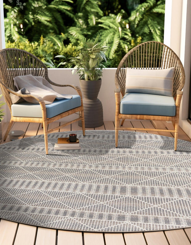 Gray 7' 10 x 7' 10 Outdoor Trellis Round Area Rug Weather Resistant for Patio, Deck, Terrace, Balcony, Porch Geometric Design Water Safe Outside Carpet for Sale at Rug Engine