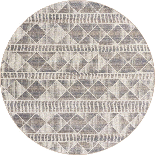 Gray 7' 10 x 7' 10 Outdoor Trellis Round Area Rug Weather Resistant for Patio, Deck, Terrace, Balcony, Porch Geometric Design Water Safe Outside Carpet for Sale at Rug Engine