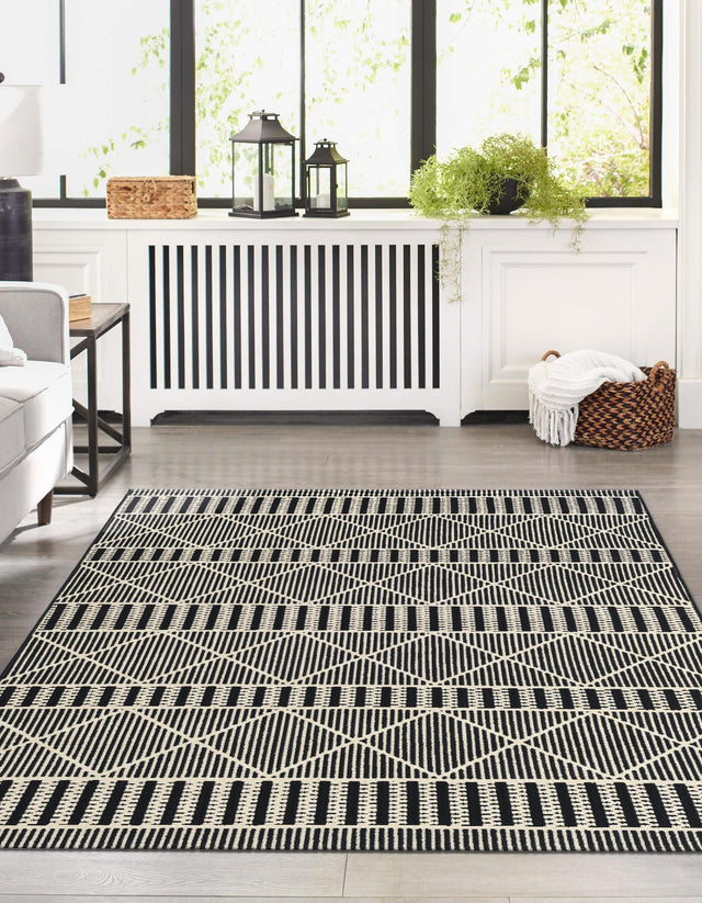 Black 4' x 6' Outdoor Trellis Rectangle Area Rug Weather Resistant for Patio, Deck, Terrace, Balcony, Porch Geometric Design Water Safe Outside Carpet for Sale at Rug Engine