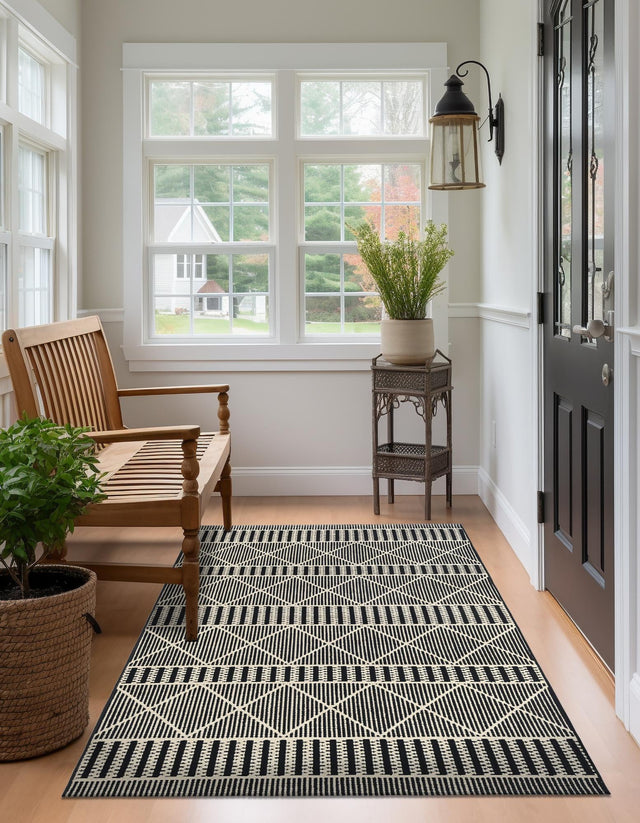 Black 2' x 3' Outdoor Trellis Rectangle Area Rug Weather Resistant for Patio, Deck, Terrace, Balcony, Porch Geometric Design Water Safe Outside Carpet for Sale at Rug Engine