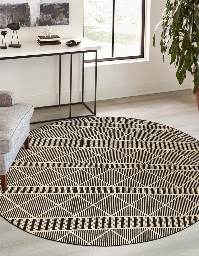 Black 10' x 10' Outdoor Trellis Round Area Rug Weather Resistant for Patio, Deck, Terrace, Balcony, Porch Geometric Design Water Safe Outside Carpet for Sale at Rug Engine