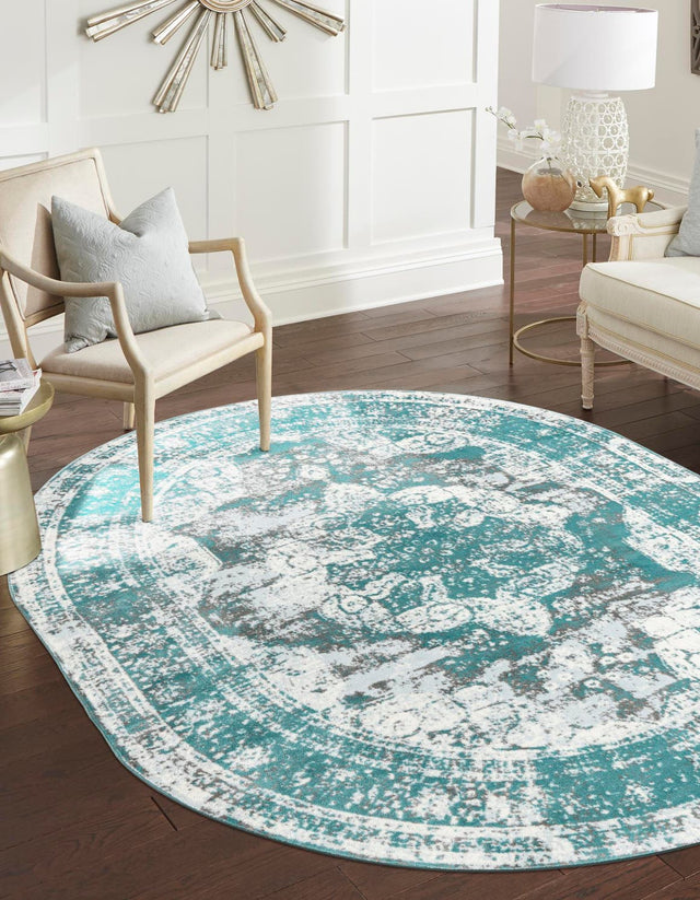 Turquoise 7' 10 x 10' Sofia Oval Area Rug Durable Easy Clean Stain Resistant Unique Carpet for Affordable Interior Home Design for Sale at Rug Engine