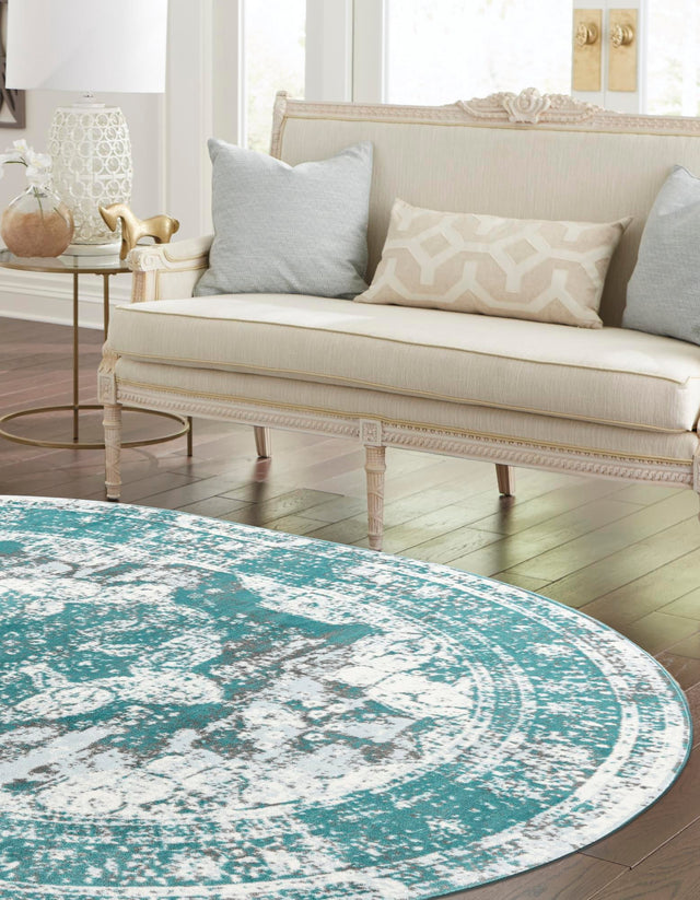 Turquoise 7' 10 x 10' Sofia Oval Area Rug Durable Easy Clean Stain Resistant Unique Carpet for Affordable Interior Home Design for Sale at Rug Engine